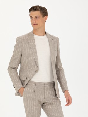 Cacharel Beige Slim Fit Wool Cashmere Blend Striped Classic Blazer