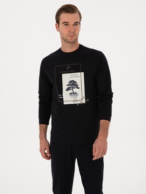 Cacharel Navy Regular Fit Crew Neck Printed Sweatshirt