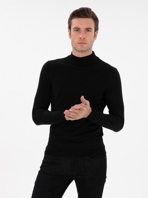 Cacharel Black Slim Fit Wool Blend Mock Neck Basic Knit Sweater
