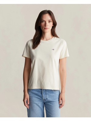 Gant Women's Cream Crew Neck Regular Fit Logo T-Shirt
