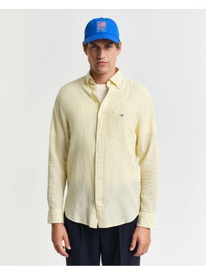 Gant Men's Yellow Regular Fit Button-Down Collar Striped Linen Shirt