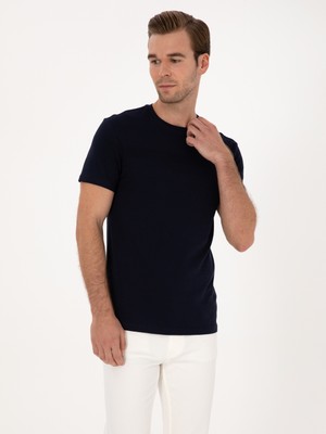 Cacharel Navy Slim Fit %100 Cotton Crew Neck Stripe Detail T-Shirt