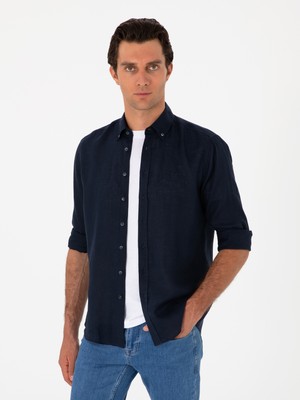 Cacharel Navy Regular Fit %100 Linen Shirt
