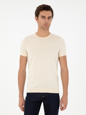 Cacharel Ecru Slim Fit Crew Neck %100 Cotton Knit T-Shirt