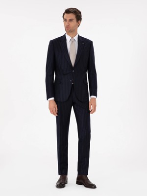 Cacharel Dark Navy Wool Cashmere Blend Peak Lapel Striped Suit