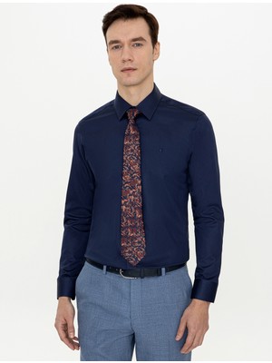 Cacharel Navy Slim Fit %100 Cotton Classic Collar Basic Shirt