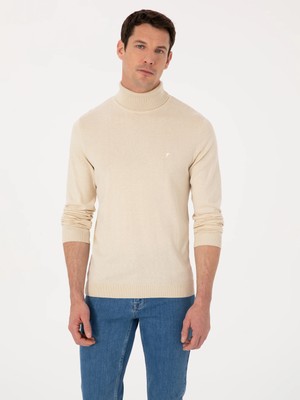 Cacharel Beige Slim Fit Cotton Blend Turtleneck Basic Knit Sweater