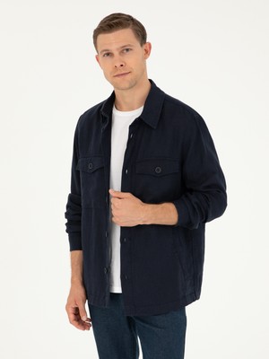 Cacharel Navy Regular Fit %100 Linen Shirt Jacket
