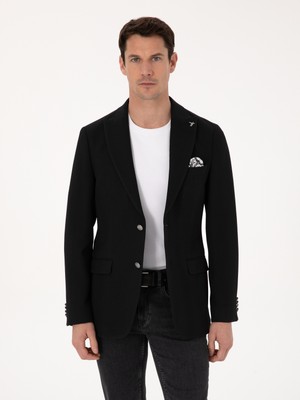 Cacharel Black Slim Fit Wool Blend Peak Lapel Herringbone Blazer