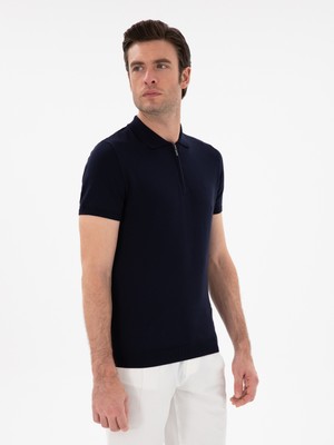 Cacharel Navy Slim Fit Zip Polo Collar Knit T-Shirt