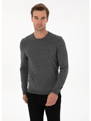 Cacharel Smoke Grey Slim Fit Wool Blend Crew Neck Basic Knit Sweater