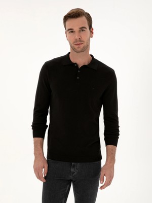 Cacharel Black Regular Fit Cotton Blend Polo Collar Basic Knit Sweater