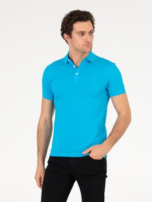 Cacharel Turquoise Polo Neck Slim Fit Basic Mercerized T-Shirt