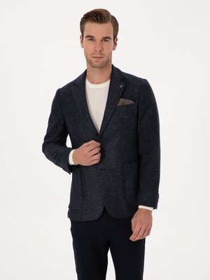 Cacharel Navy Slim Fit Wool Blend Flannel-Look Blazer