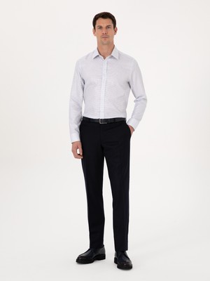 Cacharel Dark Navy Slim Fit Wool Blend Micro Patterned Classic Trousers
