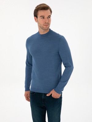 Cacharel Dark Blue Slim Fit Wool Blend Low Mock Neck Basic Knit Sweater