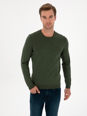 Cacharel Khaki Slim Fit Wool Blend Crew Neck Basic Knit Sweater