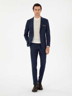 Cacharel Navy Slim Fit %100 Wool Plaid Suit
