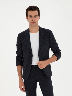 Cacharel Dark Navy Slim Fit Micro Patterned Wool Blend Blazer