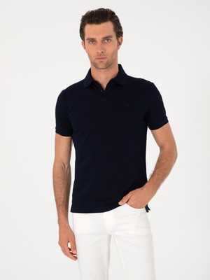 Cacharel Navy Slim Fit %100 Cotton Polo Collar Basic T-Shirt