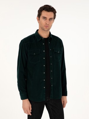Cacharel Dark Green Regular Fit Velvet Shirt