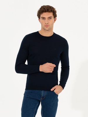 Cacharel Navy Slim Fit Crew Neck Basic Knit Sweater