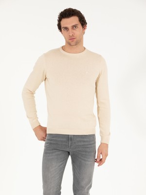 Cacharel Beige Slim Fit Cotton Blend Crew Neck Basic Knit Sweater