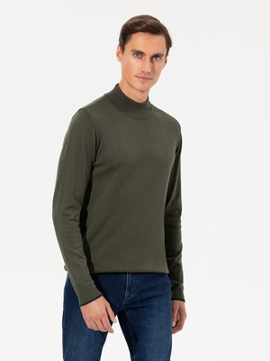 Cacharel Khaki Slim Fit Mock Neck Basic Knit Sweater