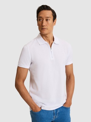 Cacharel White Slim Fit %100 Pure Cotton Zip Polo Collar Basic T-Shirt
