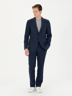 Cacharel Navy Slim Fit Wool Blend Striped Dress Trousers