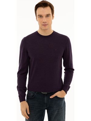 Cacharel Purple Slim Fit Crew Neck Basic Knit Sweater