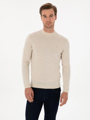 Cacharel Beige Slim Fit Wool Blend Quarter Turtleneck Basic Knit Sweater