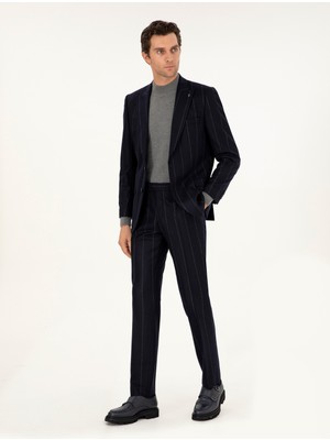 Cacharel Dark Navy %100 Wool Peak Lapel Striped Suit