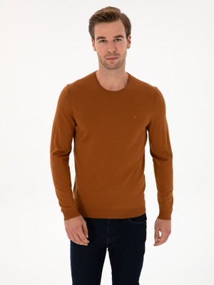 Cacharel Caramel Slim Fit Wool Blend Crew Neck Basic Knit Sweater