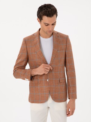 Cacharel Copper Slim Fit Wool Silk Blend Plaid Blazer