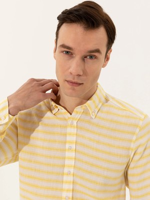 Cacharel Yellow Linen Blend Slim Fit Long Sleeve Shirt