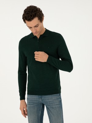 Cacharel Emerald Regular Fit Wool Blend Zip Polo Neck Basic Knit Sweater