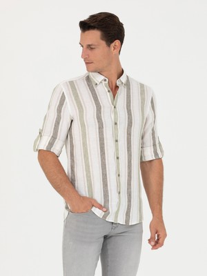 Cacharel Khaki Slim Fit %100 Linen Shirt