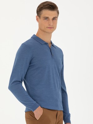 Cacharel Dark Blue Slim Fit Polo Collar Basic Knit Sweater