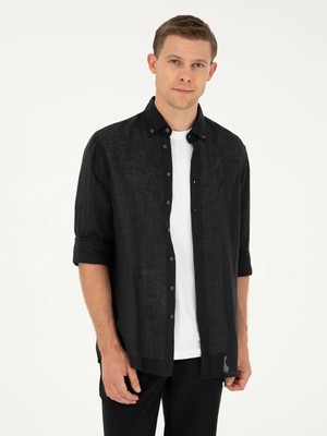 Cacharel Black Slim Fit %100 Linen Shirt