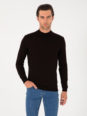 Cacharel Dark Brown Slim Fit Wool Blend Mock Neck Basic Knit Sweater