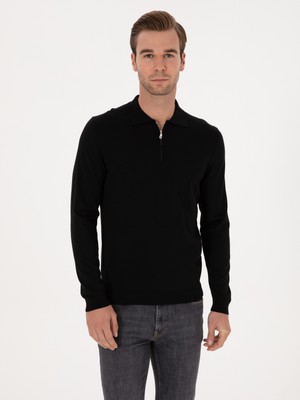 Cacharel Black Regular Fit Wool Blend Zip Polo Collar Basic Knit Sweater