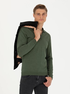 Cacharel Khaki Slim Fit Polo Collar Basic Knit Sweater
