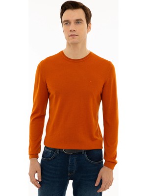 Cacharel Orange Slim Fit Crew Neck Basic Knit Sweater