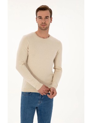 Cacharel Beige Slim Fit Cotton Blend Crew Neck Basic Knit Sweater