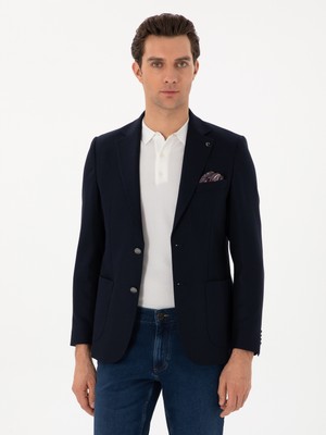 Cacharel Dark Navy Slim Fit Textured Wool Blend Blazer
