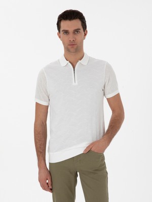Cacharel Ecru Regular Fit Zip Polo Collar Patterned T-Shirt