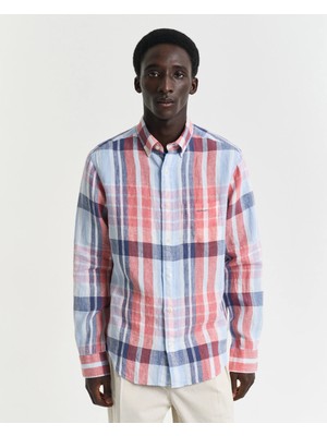 Gant Men's Red Regular Fit Button-Down Collar Checked Linen Shirt