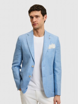 Cacharel Blue Slim Fit Wool Linen Blend Micro Pattern Notch Lapel Blazer