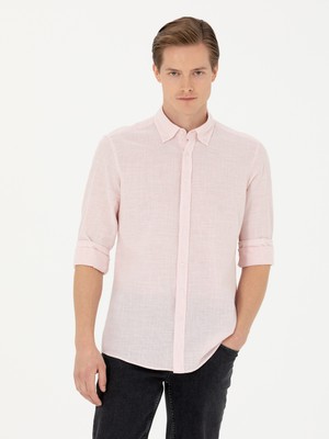 Cacharel Salmon Slim Fit %100 Cotton Striped Shirt